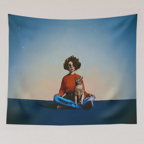 Item preview, Surreal Woman with Cat Minimalist Portrait Art designed and sold by Lunat1kk.