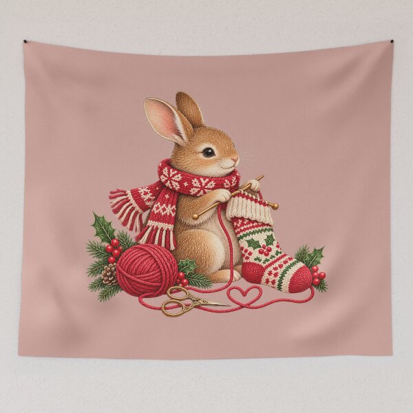 Item preview, Rabbit Knitting Christmas Stocking Cottagecore Yarn Heart Cozy Craft Design designed and sold by MagicMakerPh.