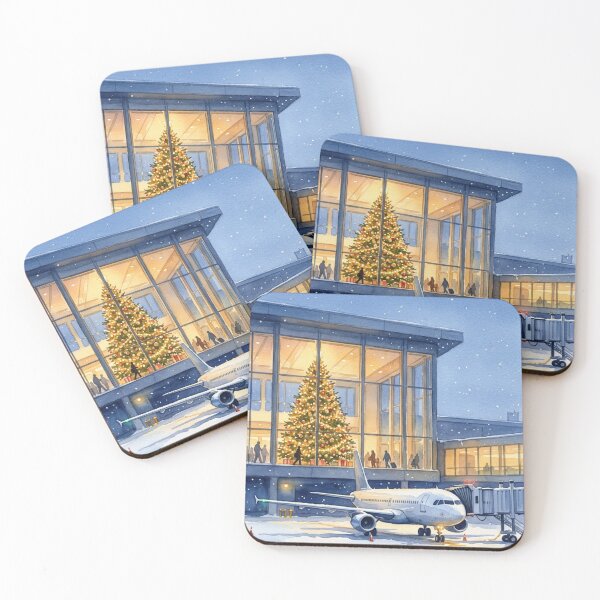 Item preview, Airport Christmas Tree at Twilight – Watercolor Snowy Terminal and Airliner designed and sold by EMaviation_.