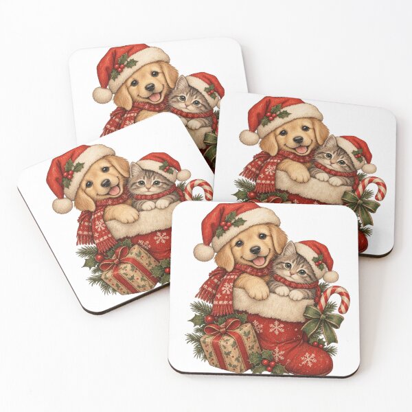 Item preview, Vintage Christmas Puppy & Kitten – Cute Holiday Animal Art designed and sold by Mochi-design.