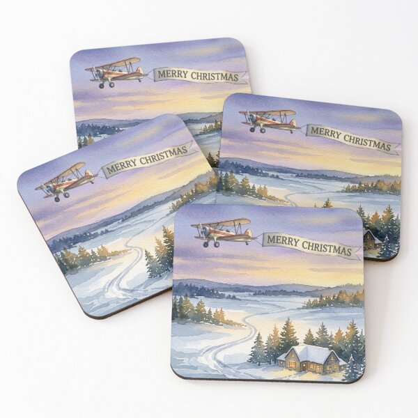 Item preview, Merry Christmas Banner Tow – Watercolor Biplane over Snowy Fields and a Farmhouse designed and sold by EMaviation_.