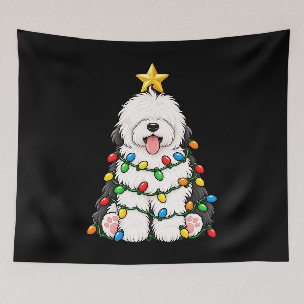 Item preview, Funny Old Engllish Sheepdog in Christmas Lights and a Star designed and sold by rafaeltto.