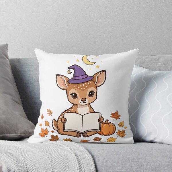 Item preview, Fawn in a Witch Hat Reading, Cute Spotted Fawn Reading a Book with Pumpkin Moon and Stars designed and sold by ElicitaDesign.