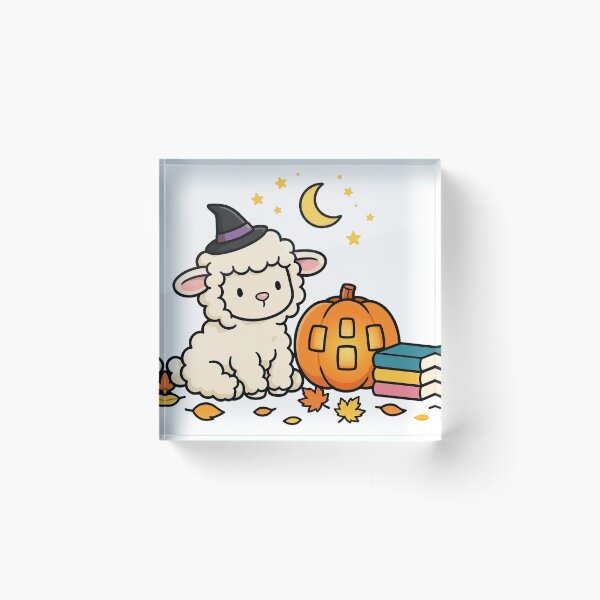 Item preview, Lamb in a Witch Hat, Cute Lamb with Pumpkin Lantern, Moon and Stars designed and sold by ElicitaDesign.