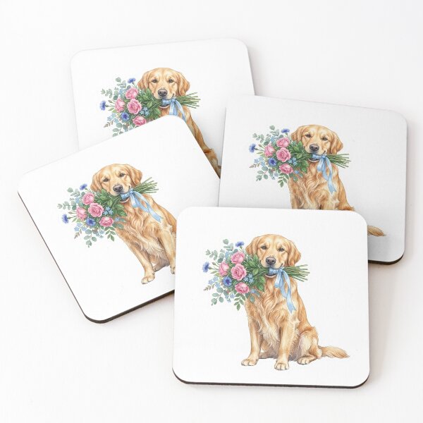Item preview, Cute Golden Retriever Holding Watercolor Flower Bouquet designed and sold by MIRAMUSE10.