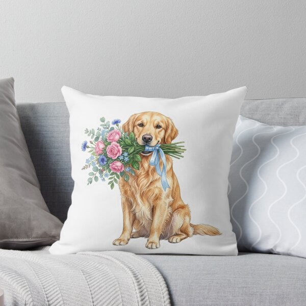 Item preview, Cute Golden Retriever Holding Watercolor Flower Bouquet designed and sold by MIRAMUSE10.
