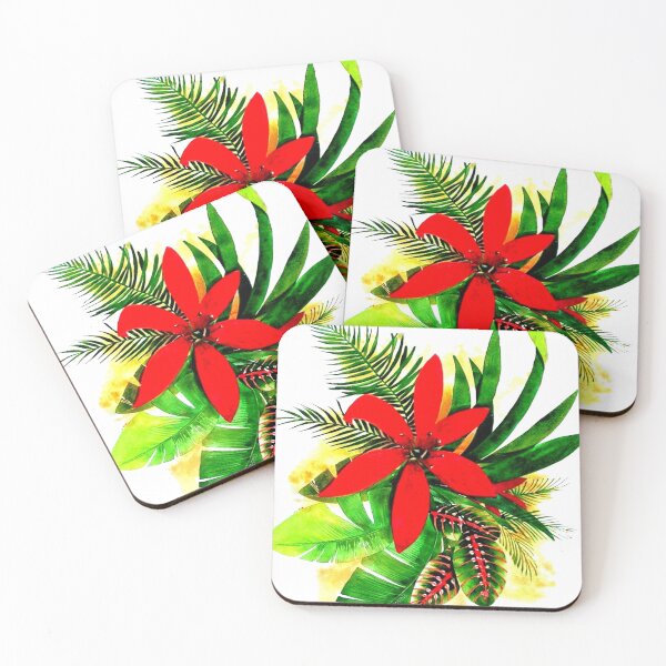 Item preview, Holiday Blooms, red flower green leaves,  vibrant botanical painting. designed and sold by aswoa.