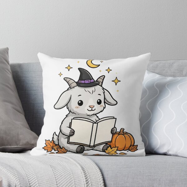 Item preview, Goat in a Witch Hat Reading a Book, Cute Goat with Pumpkin and Moon designed and sold by ElicitaDesign.