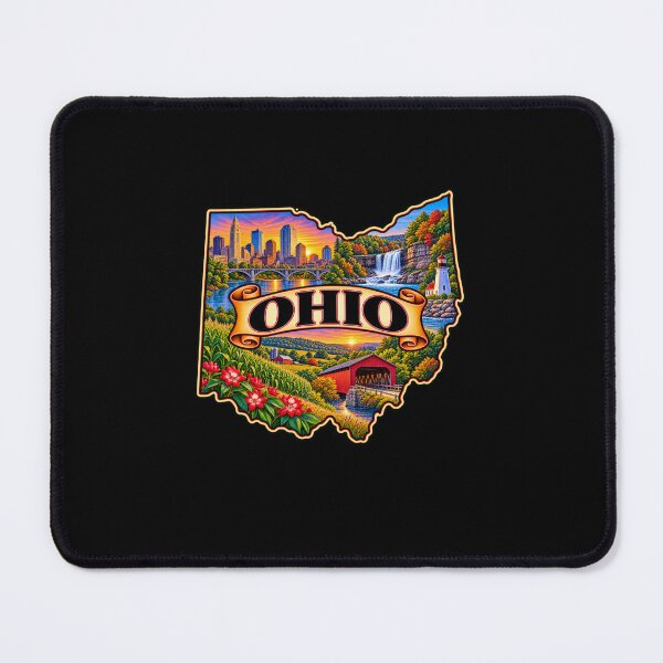 Item preview, Ohio Heartland Wonders – Vintage State Travel Poster with City Skylines and Covered Bridges designed and sold by RockitBaby.