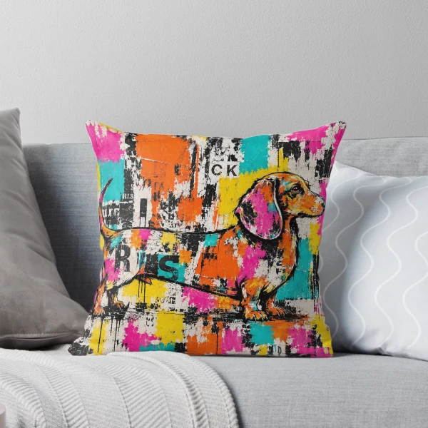 Dekokissen mit farbenfroher Dackelkunst im Graffiti-Stil auf einem Sofa
