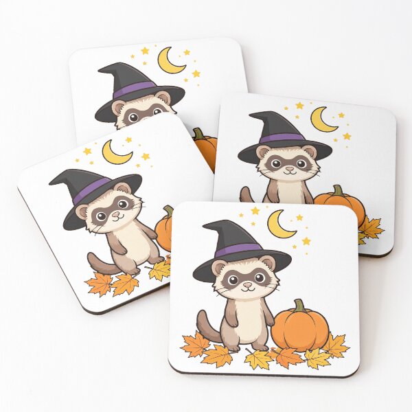 Item preview, Ferret in a Witch Hat, Cute Ferret with Pumpkin, Moon and Stars designed and sold by ElicitaDesign.