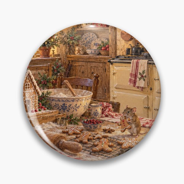 Item preview, Sneaky little mouse stealing christmas cookies from english cottage kitchen  designed and sold by Studio Pico.