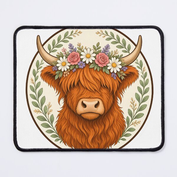 Item preview, Highland Cow with Wildflower Crown Cottagecore Badge designed and sold by plam50.