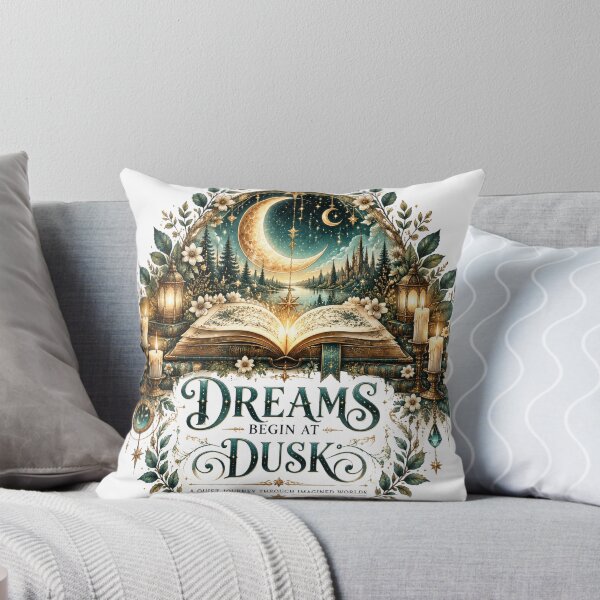 Item preview, Dreams Begin At Dusk — Celestial Open Book, Crescent Moon and Castle, Fantasy Reader Watercolor designed and sold by CrownedVinyls.