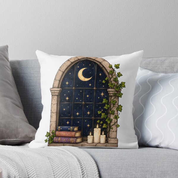 Item preview, Gothic Window Reading Nook — Crescent Moon, Stars, Books and Candles, Dark Academia Celestial designed and sold by CrownedVinyls.