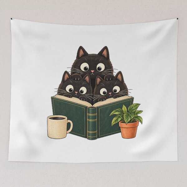 Item preview, Cute Black Cats Reading Vintage Book Coffee Houseplant Art designed and sold by lamiarte.