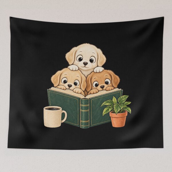 Item preview, Golden Retriever Puppies Reading Book Club Coffee Plant Art designed and sold by lamiarte.