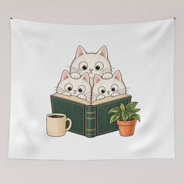 Item preview, Cute White Cats Reading Vintage Book Coffee Houseplant Art designed and sold by lamiarte.