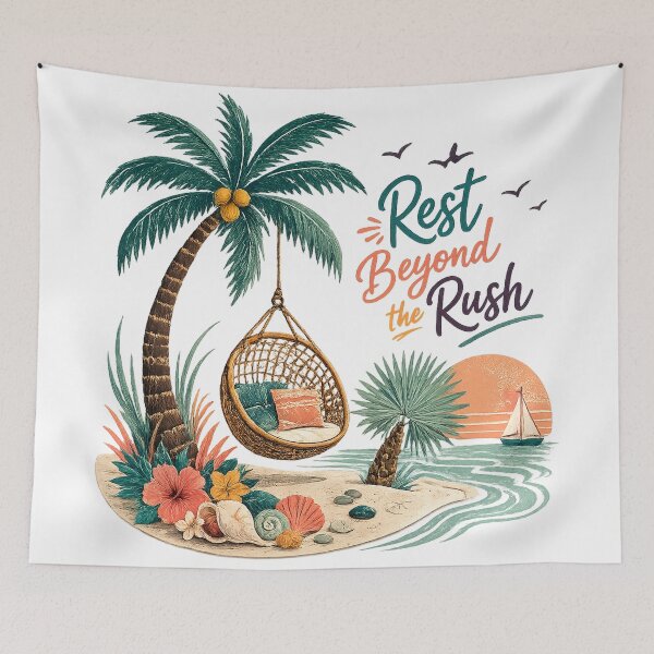 Item preview, Tropical Beach Hammock Sunset Boho Coastal Relaxation Rest Beyond the Rush Art designed and sold by inkoutninja.