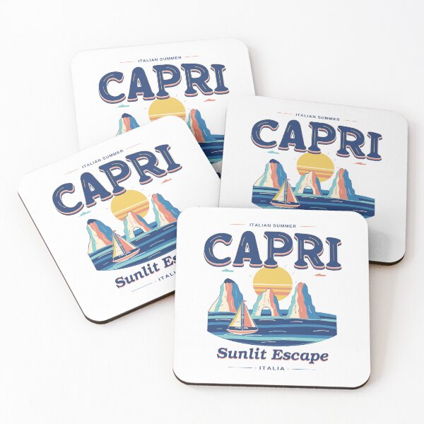 Item preview, Capri Sunlit Escape vintage lettering with sailboat and sea stacks designed and sold by Nicolas Boivin.