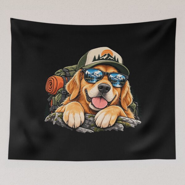 Item preview, Hiking Golden Retriever wearing sunglasses and a backpack designed and sold by Thankfool.