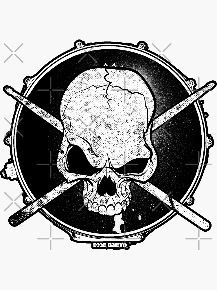 "Metal Drummer Skull with Snare Drum and Crossed Drumsticks" Sticker