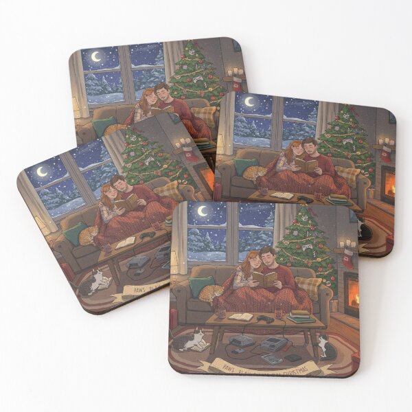 Item preview, Cozy Couple Reading and Gaming by Christmas Fireplace with Cats designed and sold by SAMORA ORIGINALS.