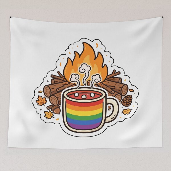 Item preview, Campfire Cocoa Rainbow Mug Cozy designed and sold by StateofQueer.