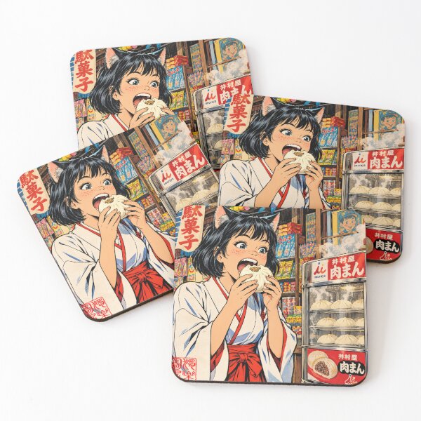 Item preview, Retro Catgirl Shrine Maiden Eating Nikuman designed and sold by Komatoya.