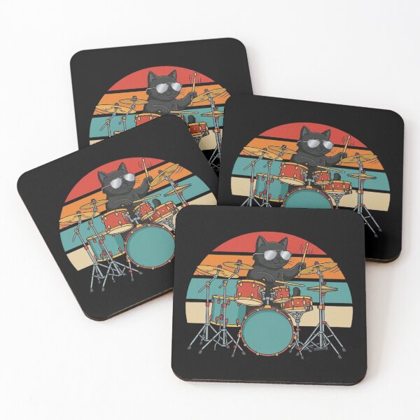 Item preview, Cool Black Cat Drummer Retro Sunset designed and sold by happiecatstore.