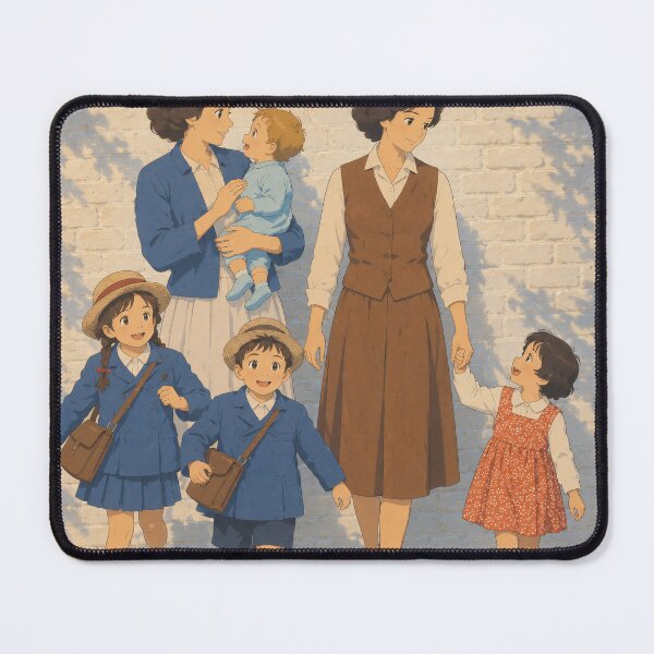 Item preview, Vintage anime family illustration with school children on cobblestone path designed and sold by CielitoArt.