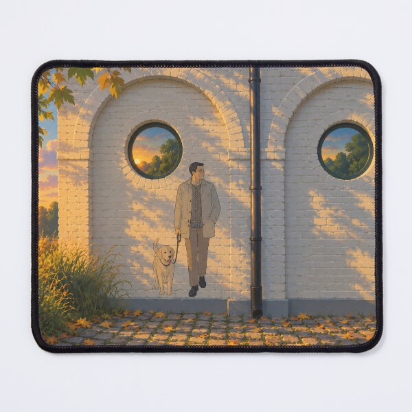 Item preview, Anime style man walking his golden retriever dog mural at sunset designed and sold by CielitoArt.