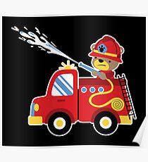 Cute Kids Fire Engine Truck Bear Hose Poster