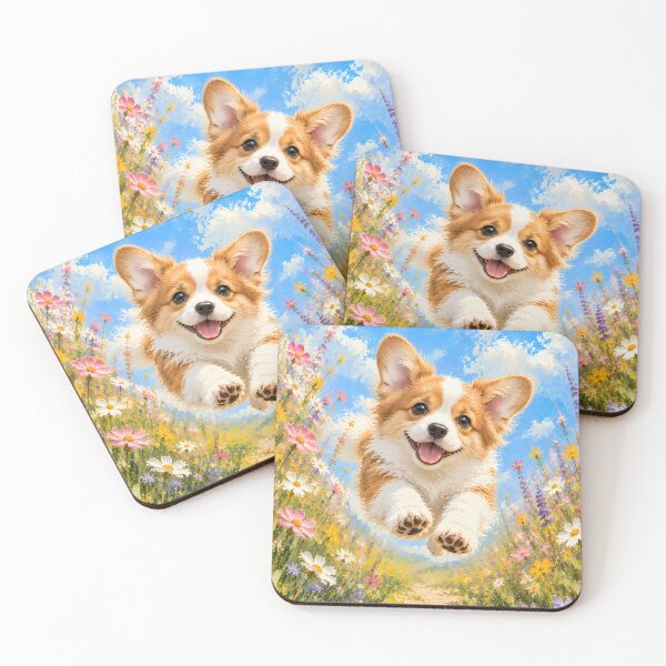 Item preview, Cute Corgi Puppy Jumping in Wildflower Meadow – Happy Dog Art designed and sold by ManJiangHong.