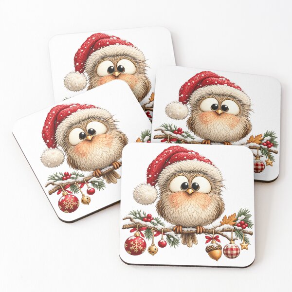 Item preview, Fluffy Winter Owl – Red Santa Hat, Christmas Baubles & Woodland Charm designed and sold by DesignArtist.ia.