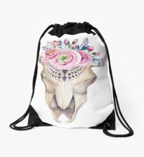 Ethnic flower skull Drawstring Bag