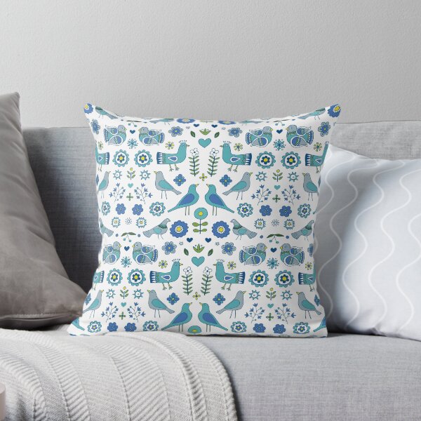 Scandi Folk Birds - blue & white - Scandinavian folk art pattern by Cecca Designs Throw Pillow