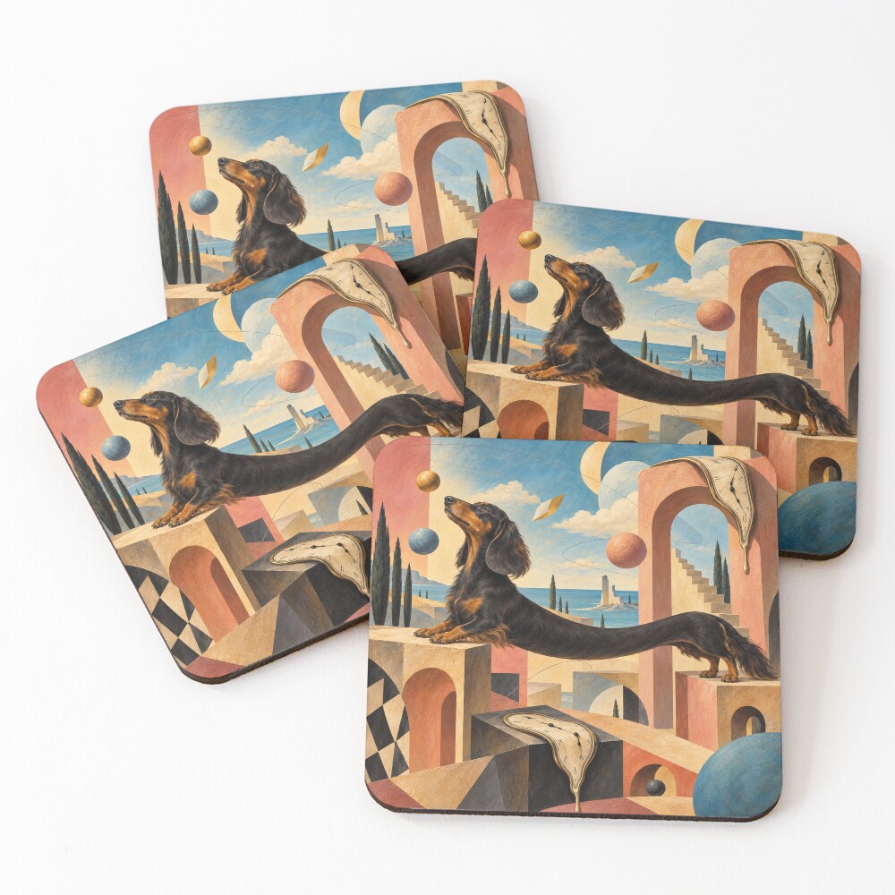 Surrealistische Dackelkunst – Untersetzer (4er Set) mit schwarzem Langhaardackel, Traumarchitektur und weichen Uhren