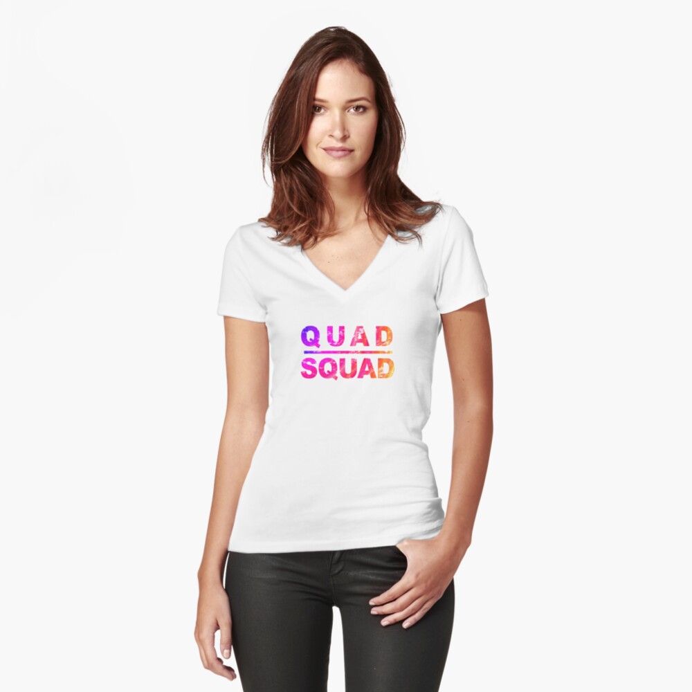 Cute Workout Design with Gym Saying, Quad Squad, for Exercise Motivation  Fitted V-Neck T-Shirt