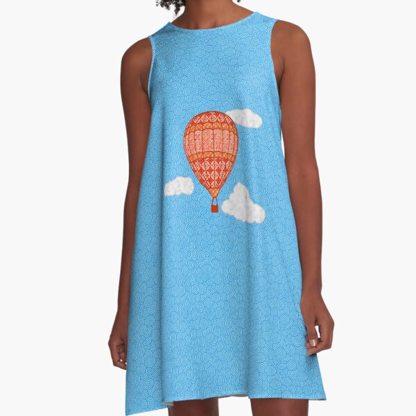 Hot Air Balloon, Coral Orange Against Blue Sky A-Line Dress