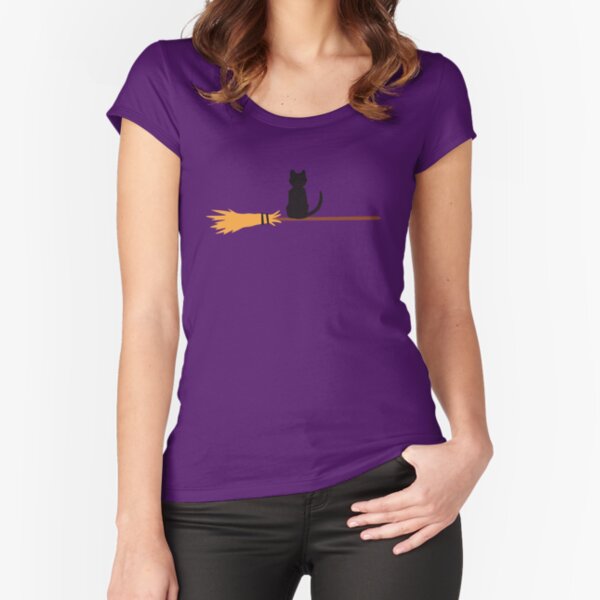Black Cat on a Witch's Broom Fitted Scoop T-Shirt
