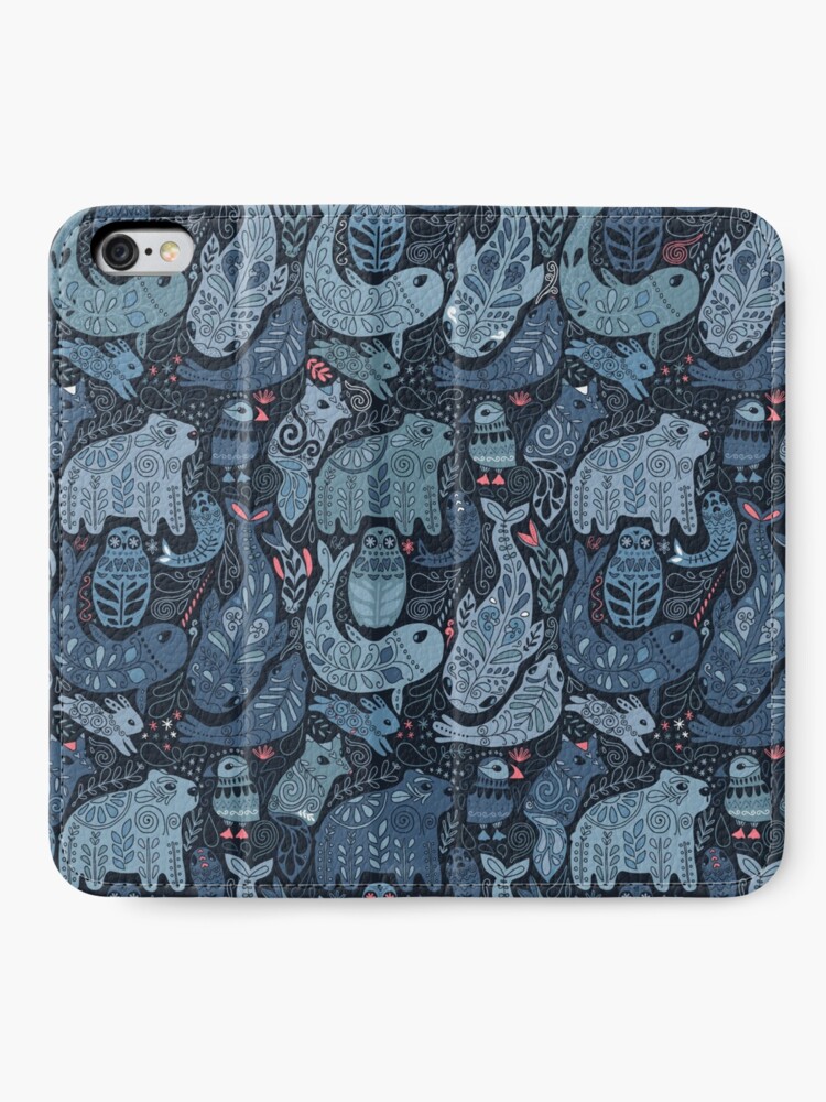 Alternate view of Arctic animals. Narwhal, polar bear, whale, puffin, owl, fox, bunny, seal. iPhone Wallet