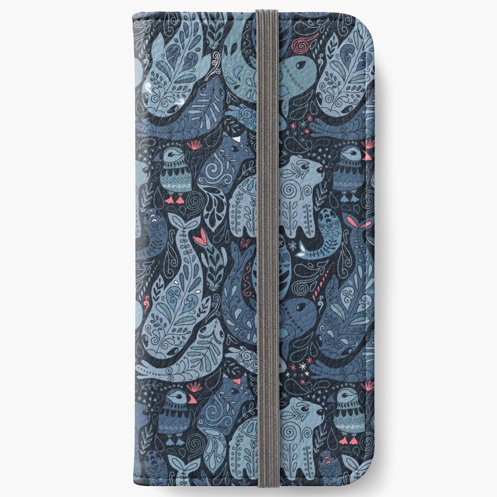 Arctic animals. Narwhal, polar bear, whale, puffin, owl, fox, bunny, seal. iPhone Wallet