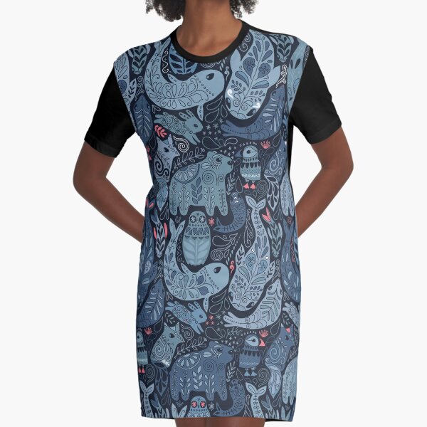 Arctic animals. Narwhal, polar bear, whale, puffin, owl, fox, bunny, seal. Graphic T-Shirt Dress