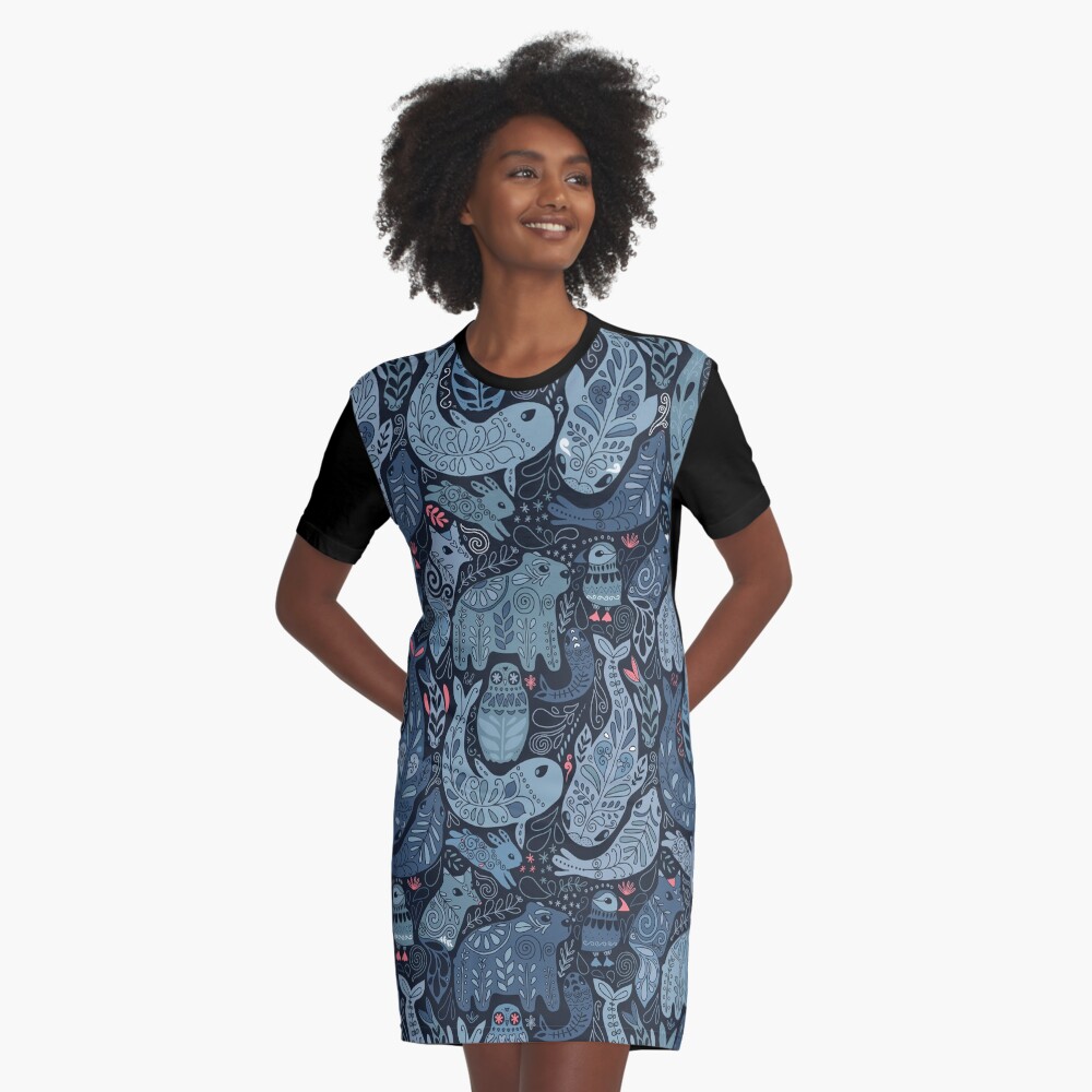 Arctic animals. Narwhal, polar bear, whale, puffin, owl, fox, bunny, seal. Graphic T-Shirt Dress