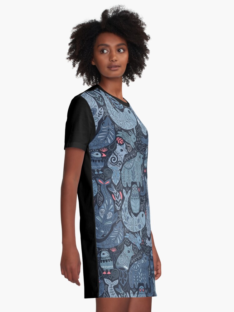 Alternate view of Arctic animals. Narwhal, polar bear, whale, puffin, owl, fox, bunny, seal. Graphic T-Shirt Dress
