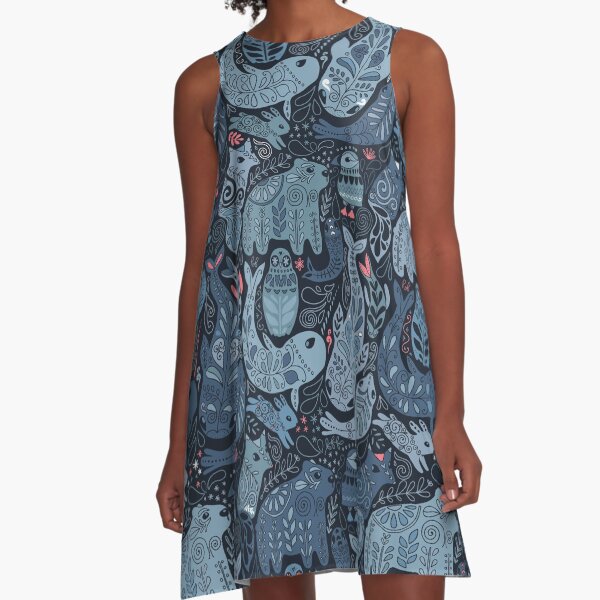Arctic animals. Narwhal, polar bear, whale, puffin, owl, fox, bunny, seal. A-Line Dress