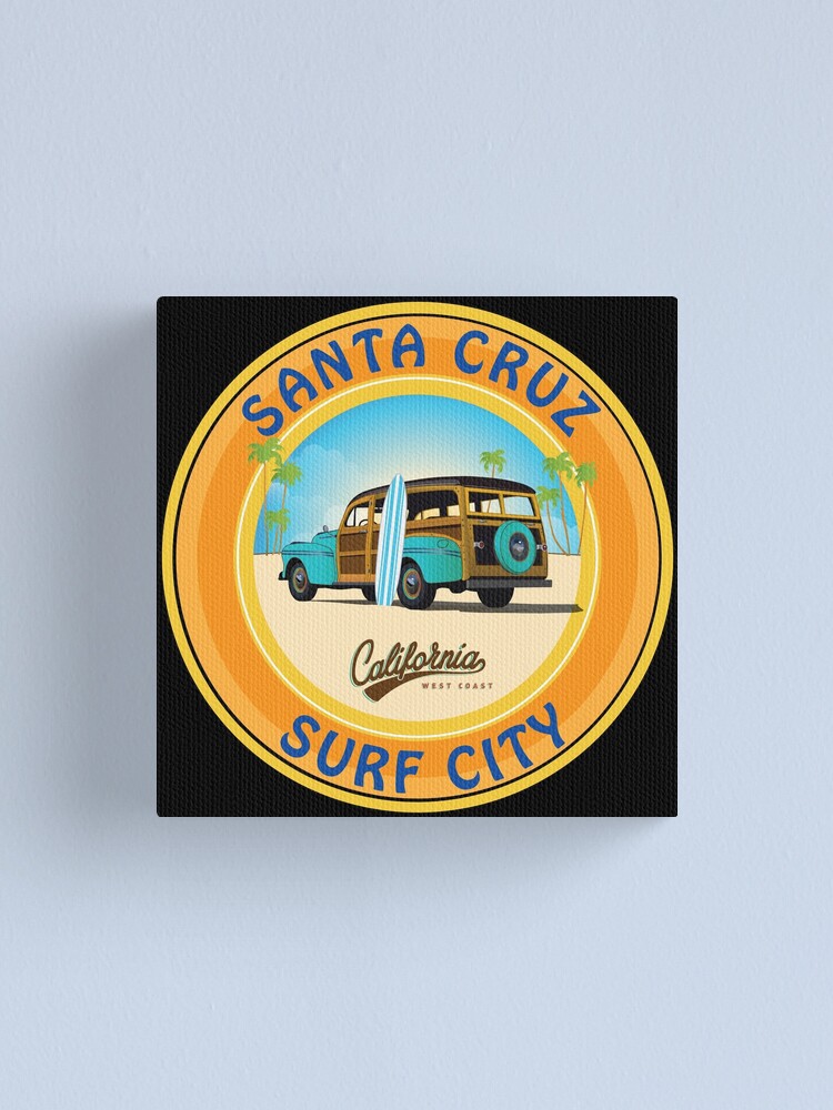 "Surf City Santa Cruz Logo with Woodie on the Beach" Canvas Print for