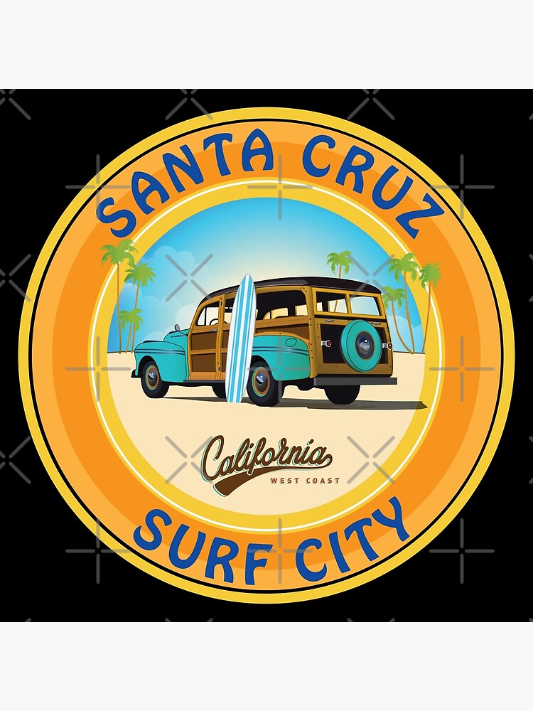 Surf City Santa Cruz Logo with Woodie on the Beach California Dark