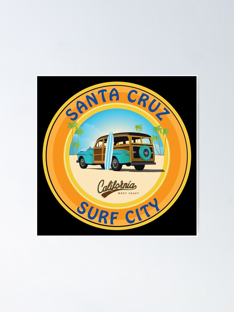 Surf City Santa Cruz Logo with Woodie on the Beach California Dark